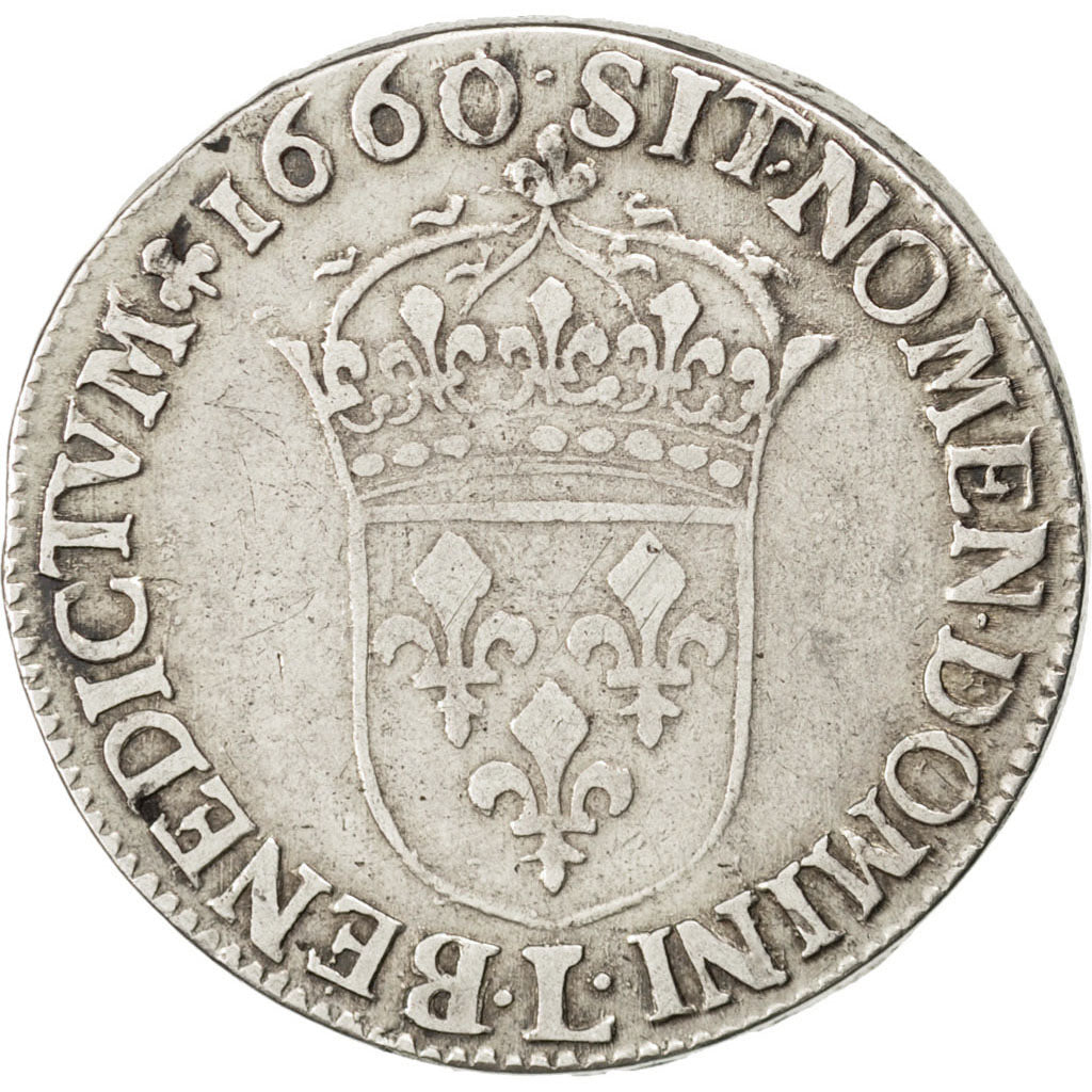 FRANCE, 1/2 Écu à la mèche longue, 1/2 ECU, 1660, Bayonne, KM #164.12, VF(30-35)