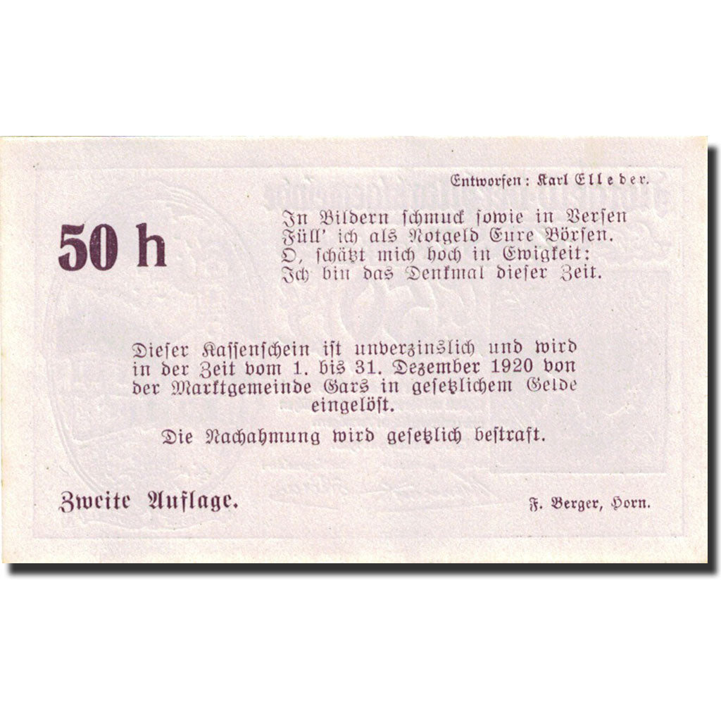 Banknote, Austria, Gars am Kamp, 50 Heller, Blason, 1920, 1920-12-31, UNC(64)