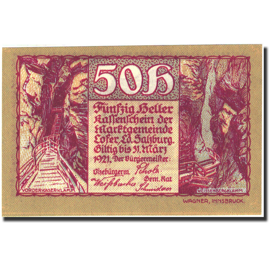 Banconote, Austria, Salzburg, 50 Heller, pont, 1921, 1921-03-31, SPL