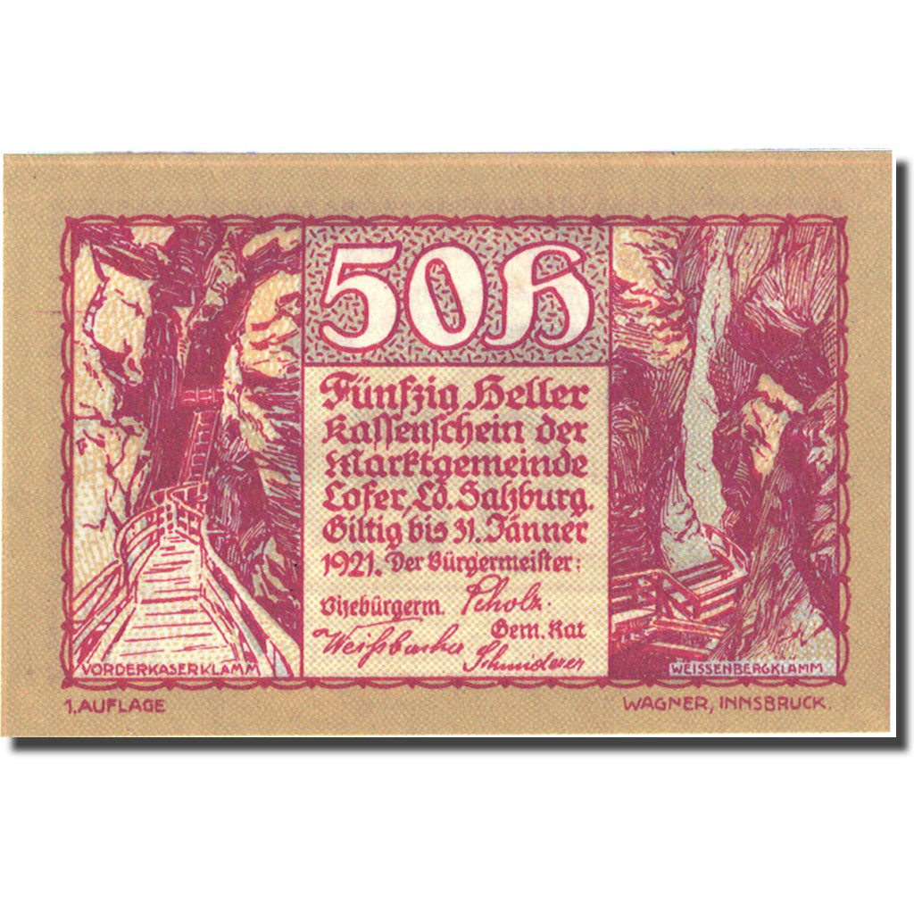Billet, Autriche, Salzburg, 50 Heller, pont, 1921, 1921-01-31, SPL