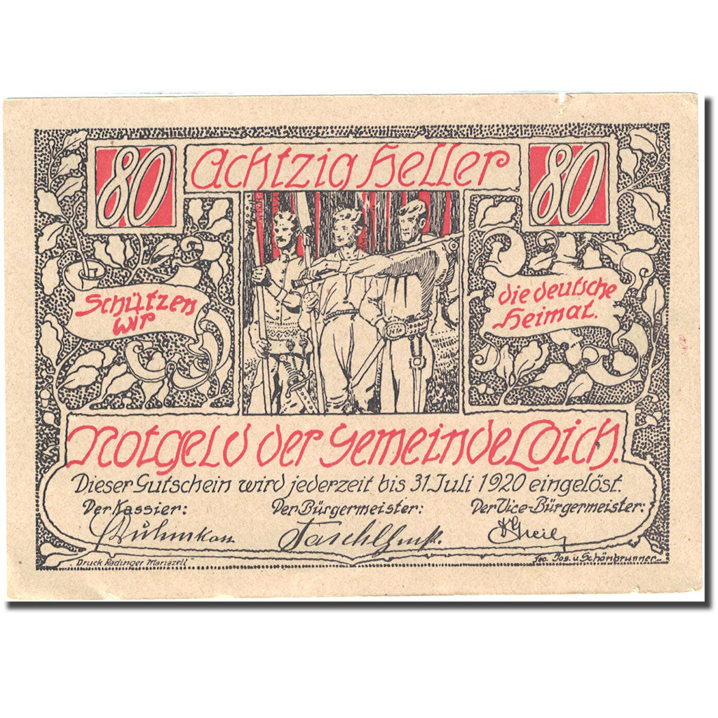 Banconote, Austria, Loich, 80 Heller, personnage, 1920, 1920-07-31 red BB+