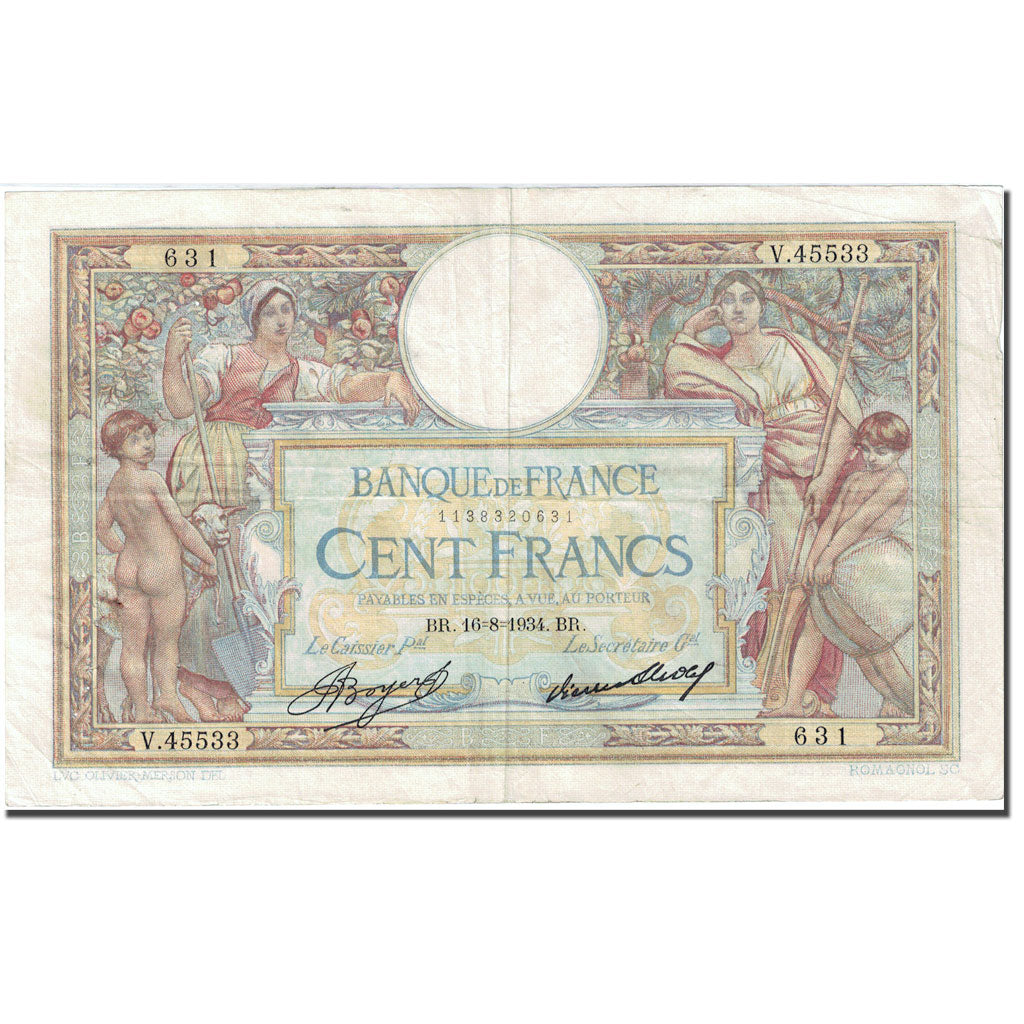 France, 100 Francs ''Luc Olivier Merson'' 1906, 1934-08-16 EF (40-45), Fay 24.13