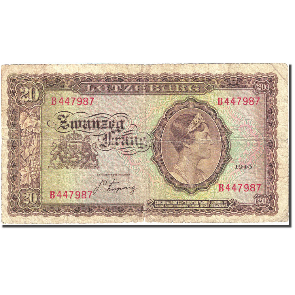 Banknote, Luxembourg, 20 Frang, 1943, 1943, KM:42a, VG(8-10)
