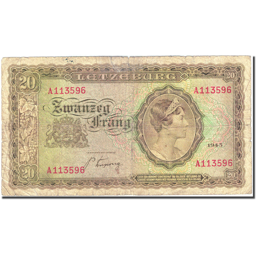 Banknote, Luxembourg, 20 Frang, 1943, 1943, KM:42a, VF(20-25)