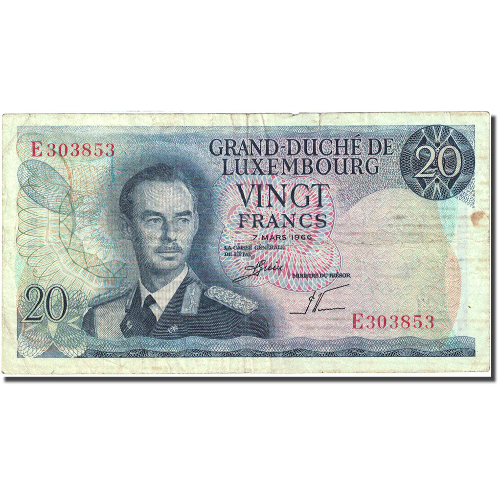 Banknote, Luxembourg, 20 Francs, 1966-1972, 1966-03-07, KM:54a, VF(30-35)
