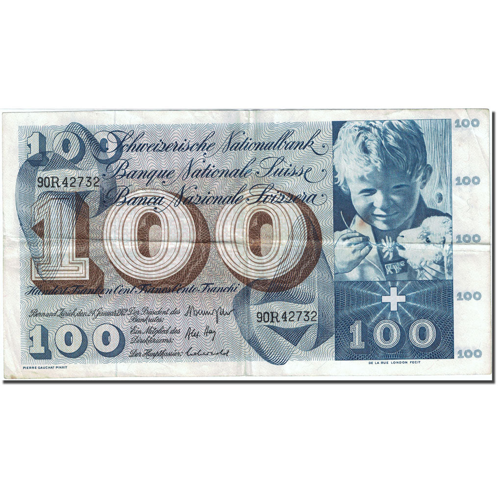 Banconote, Svizzera, 100 Franken, 1954-1961, 1972-01-24, KM:49n, MB+