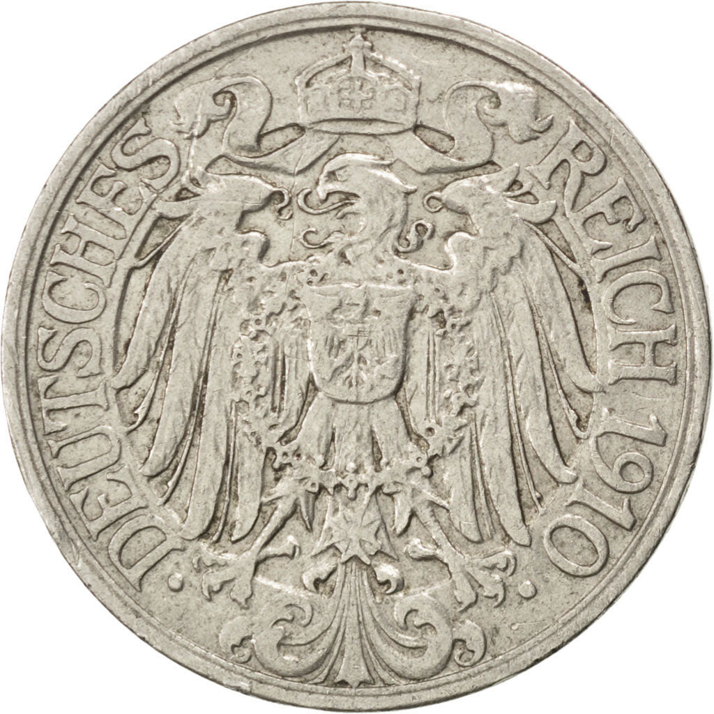 GERMANY - EMPIRE, 25 Pfennig, 1910, Berlin, KM #18, EF(40-45), Nickel, 23, 4.02