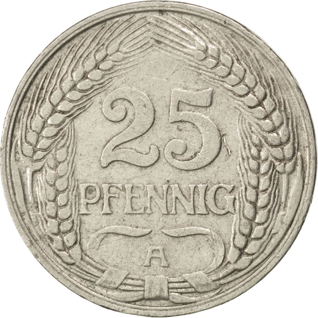 GERMANY - EMPIRE, 25 Pfennig, 1910, Berlin, KM #18, EF(40-45), Nickel, 23, 4.02