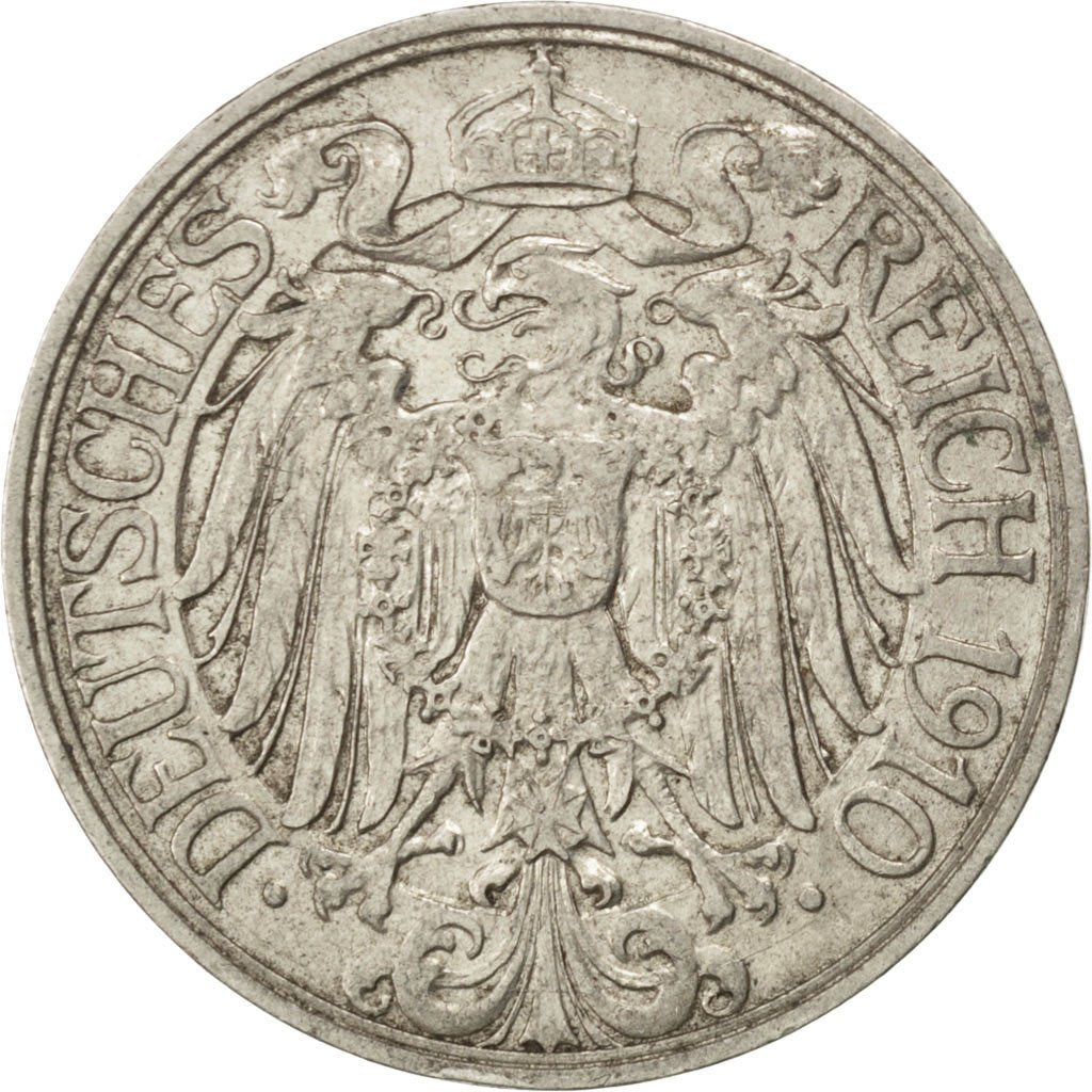 GERMANY - EMPIRE, 25 Pfennig, 1910, Berlin, KM #18, EF(40-45), Nickel, 23, 3.99