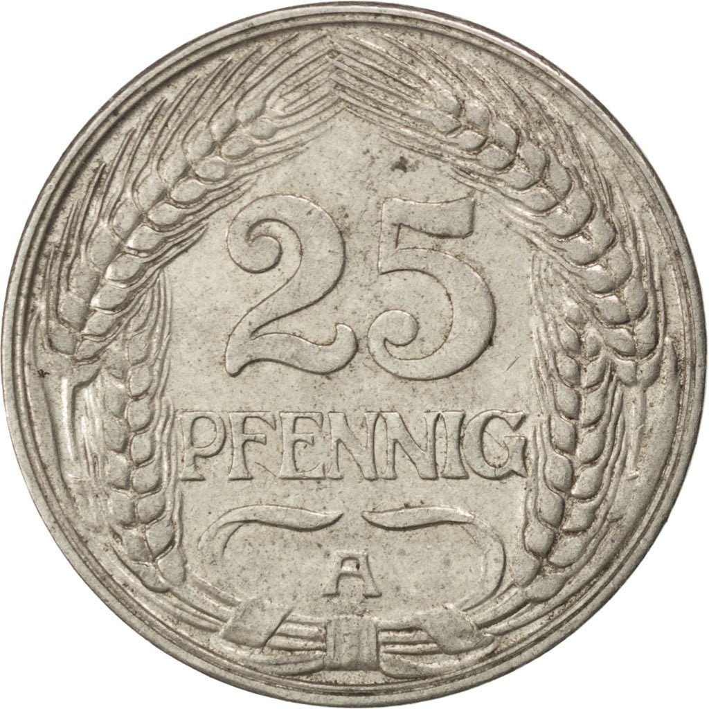 GERMANY - EMPIRE, 25 Pfennig, 1910, Berlin, KM #18, EF(40-45), Nickel, 23, 3.99