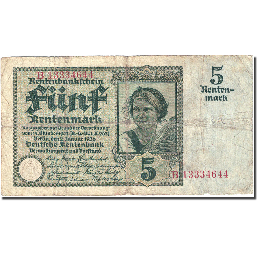 Banknote, Germany, 5 Rentenmark, 1925-1926, 1926-01-02, KM:169, VG(8-10)