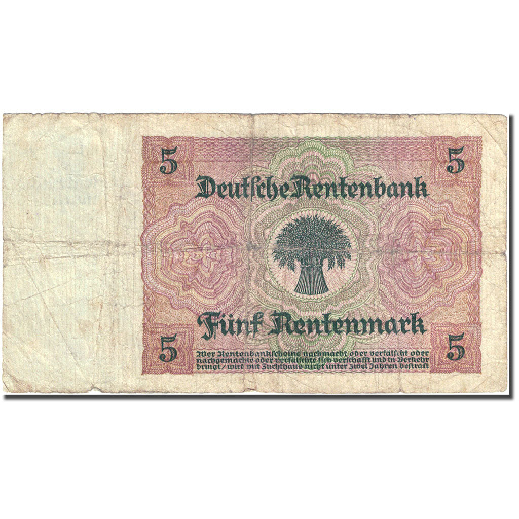Banknote, Germany, 5 Rentenmark, 1925-1926, 1926-01-02, KM:169, VG(8-10)