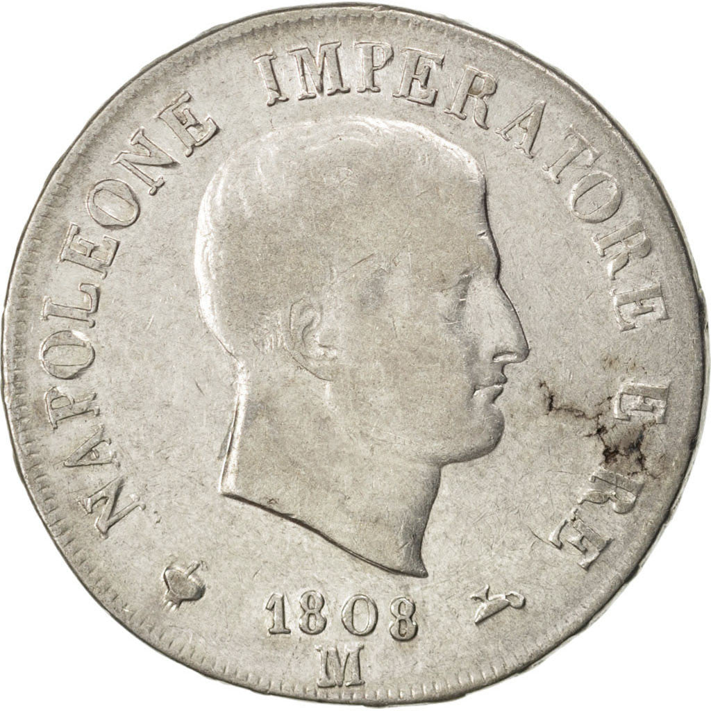 ITALIAN STATES, 5 Lire, 1808, Milan, KM #10.1, VF(30-35), Silver, 24.85