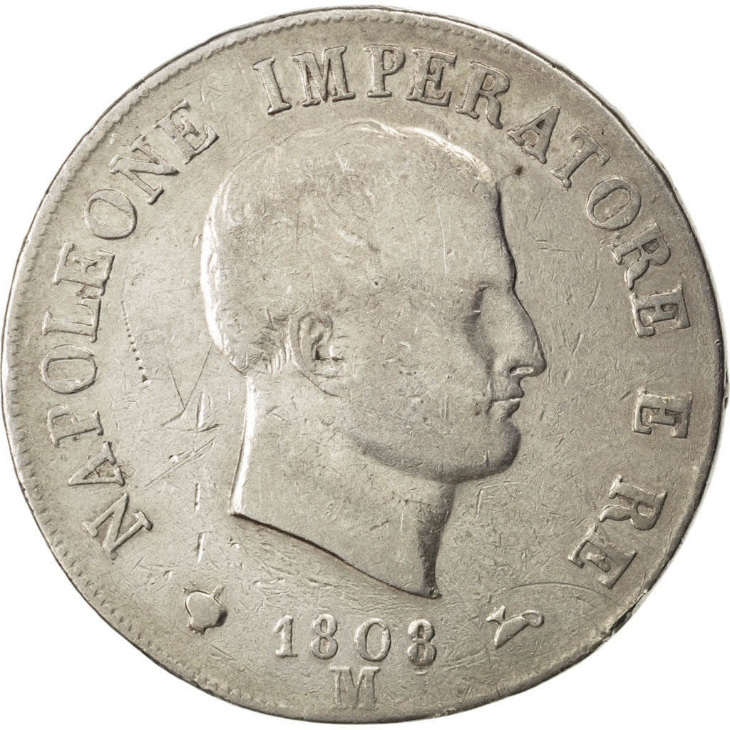 ITALIAN STATES, 5 Lire, 1808, Milan, KM #10.1, VF(20-25), Silver, 24.75