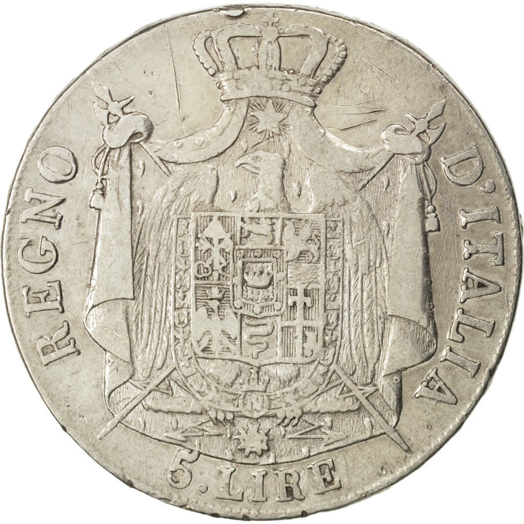 ITALIAN STATES, 5 Lire, 1808, Milan, KM #10.1, VF(20-25), Silver, 24.75