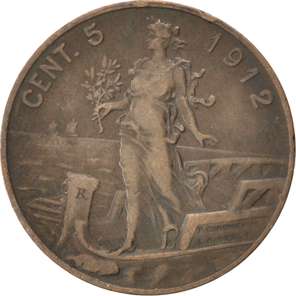 Italy, 5 Centesimi, 1912, Roma, KM #42, VF(20-25), Copper, 25, 4.89
