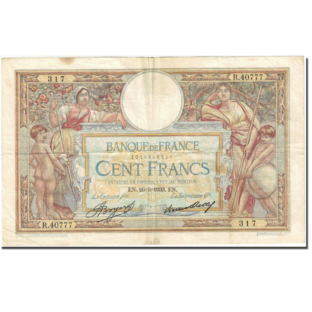 France 100 F 1908-1939 ''Luc Olivier Merson'', 1923-1927, VF (20-25), KM:78c