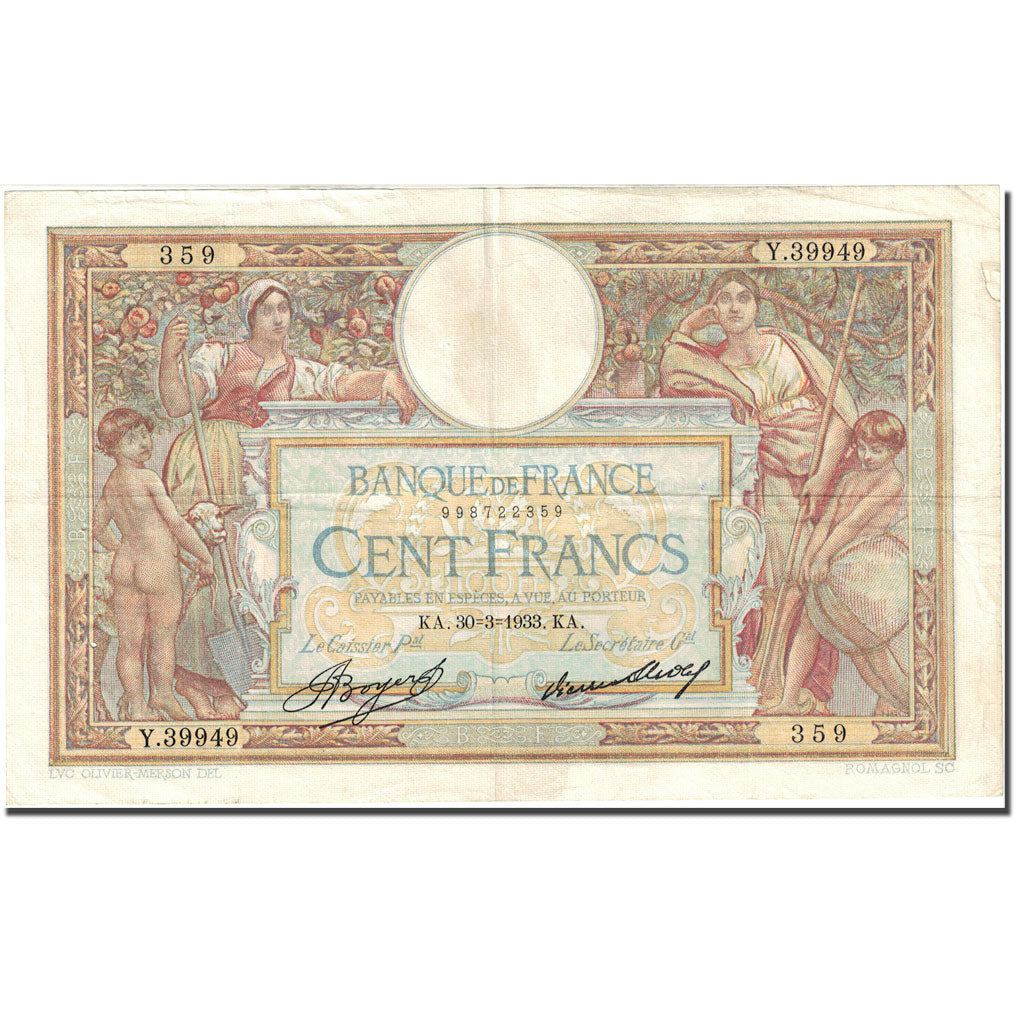 France, 100 Francs 1908-1939 ''Luc Olivier Merson'' 1923-1927, EF (40-45) KM:78c