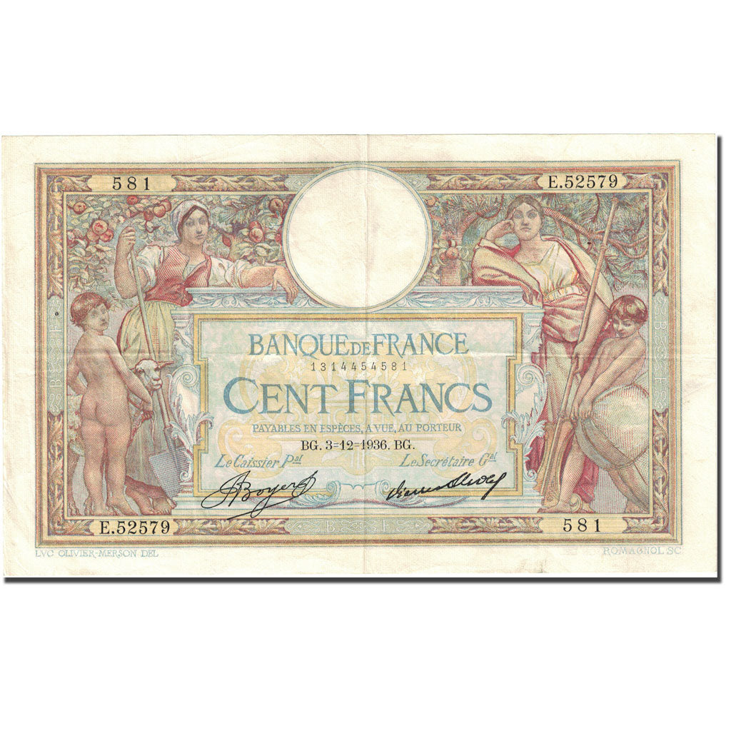 France, 100 Francs 1908-1939 ''Luc Olivier Merson'' 1923-1927 EF (40-45) KM:78c