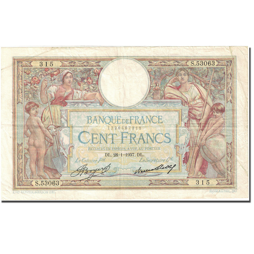 France, 100 Francs 1908-1939 ''Luc Olivier Merson'' 1923-1927 VF (20-925) KM:78c