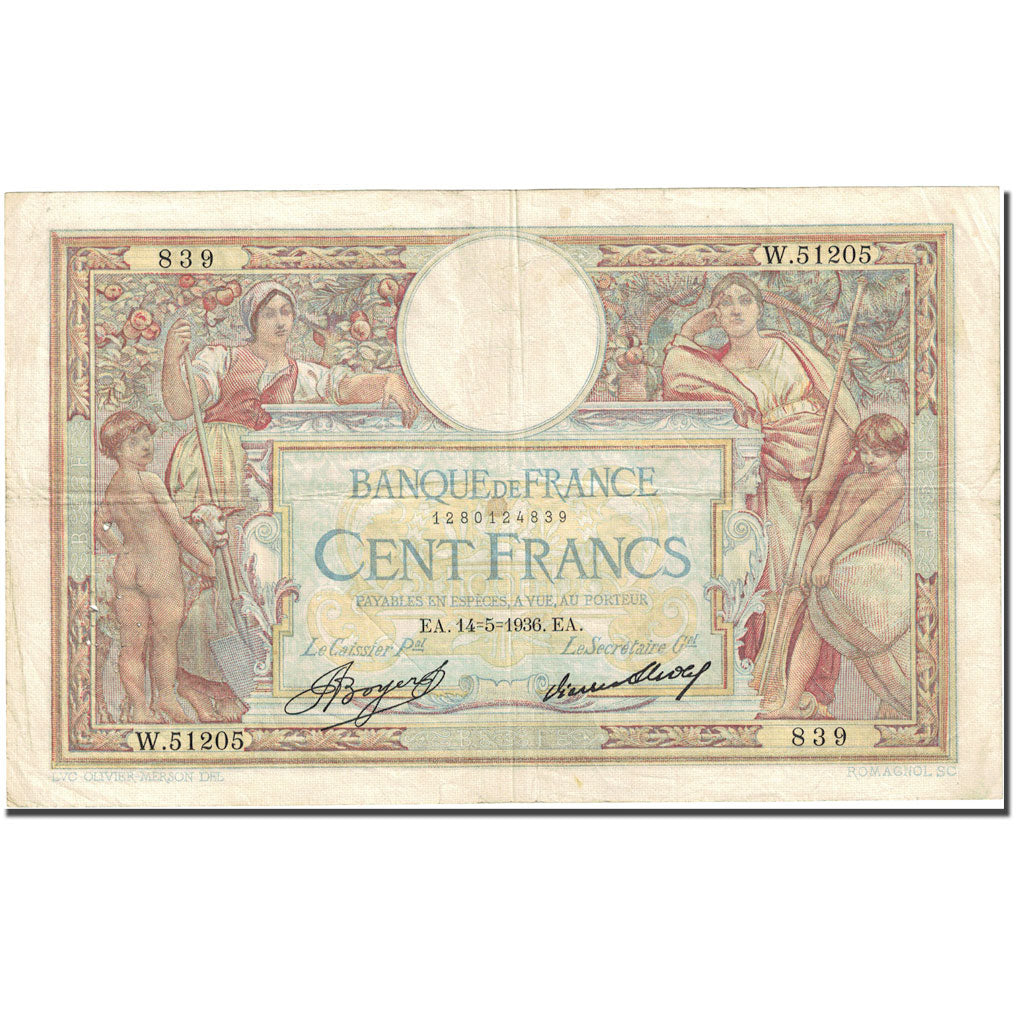 France, 100 Francs 1908-1939 ''Luc Olivier Merson'' 1923-1927 VF (20-25) KM:78c