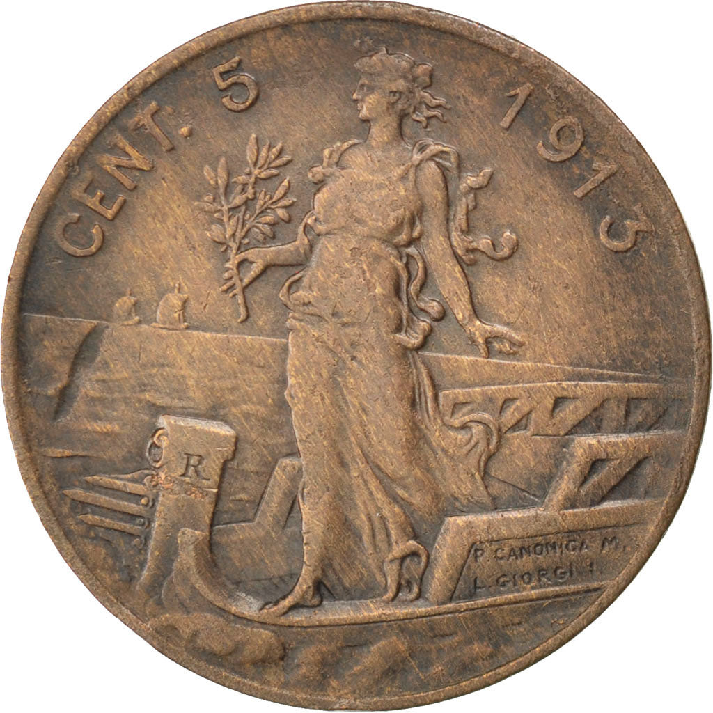 ITALY, 5 Centesimi, 1913, Rome, KM #42, EF(40-45), Bronze, 25, 4.94