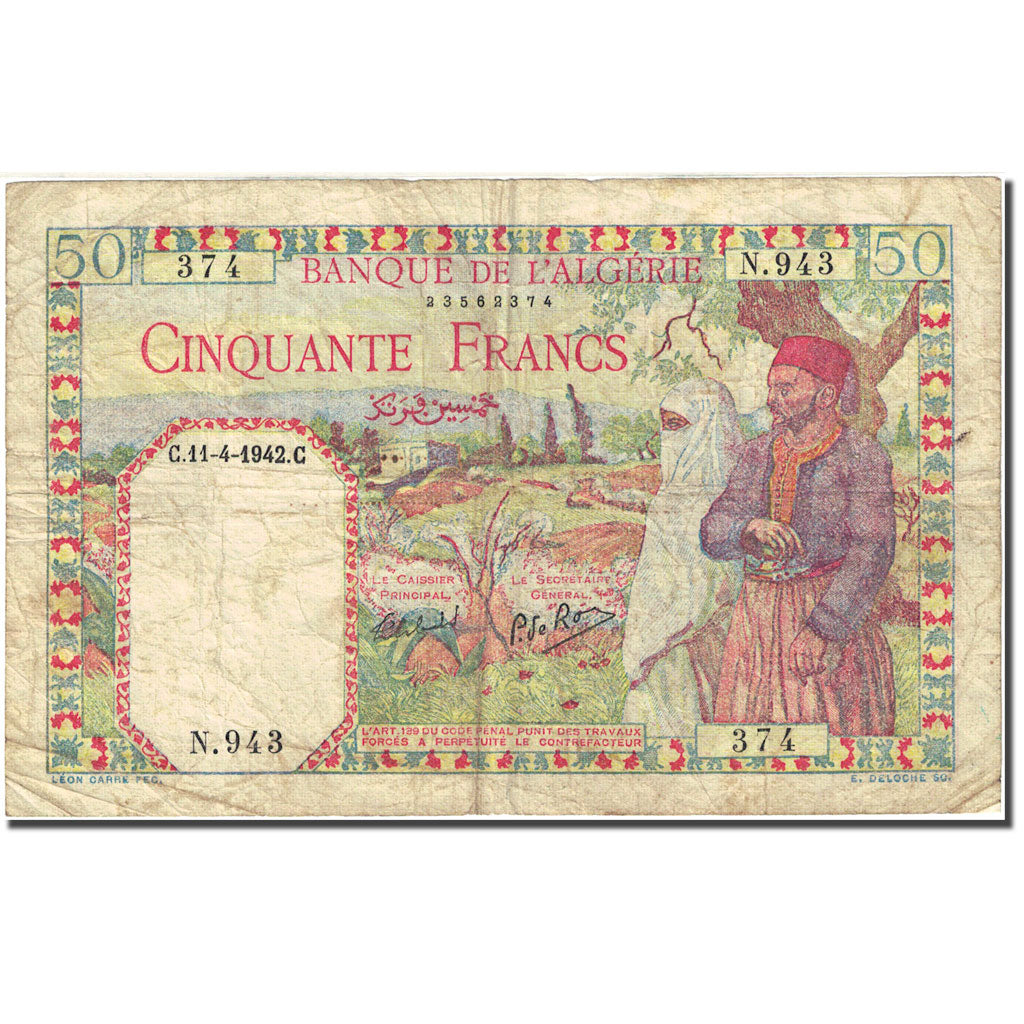 Banknote, Algeria, 50 Francs, 1938-1939, 1942-04-11, KM:84, VF(20-25)