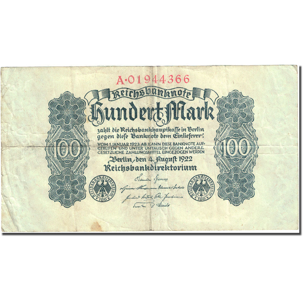 Banknote, Germany, 100 Mark, 1922, 1922-08-04, KM:75, VF(20-25)