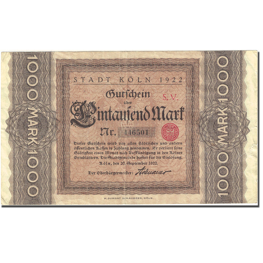 Banconote, Germania, Köln, 1000 Mark, valeur faciale 1922-09-20, BB Mehl:2380.8a