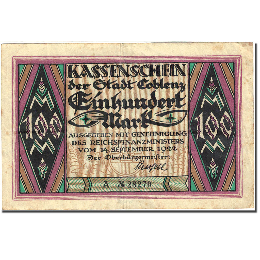Banknote, Germany, Coblenz, 100 Mark personnage 1922-09-14, VF(20-25) Mehl:815.5