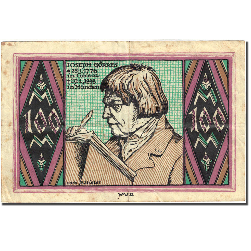 Banknote, Germany, Coblenz, 100 Mark personnage 1922-09-14, VF(20-25) Mehl:815.5