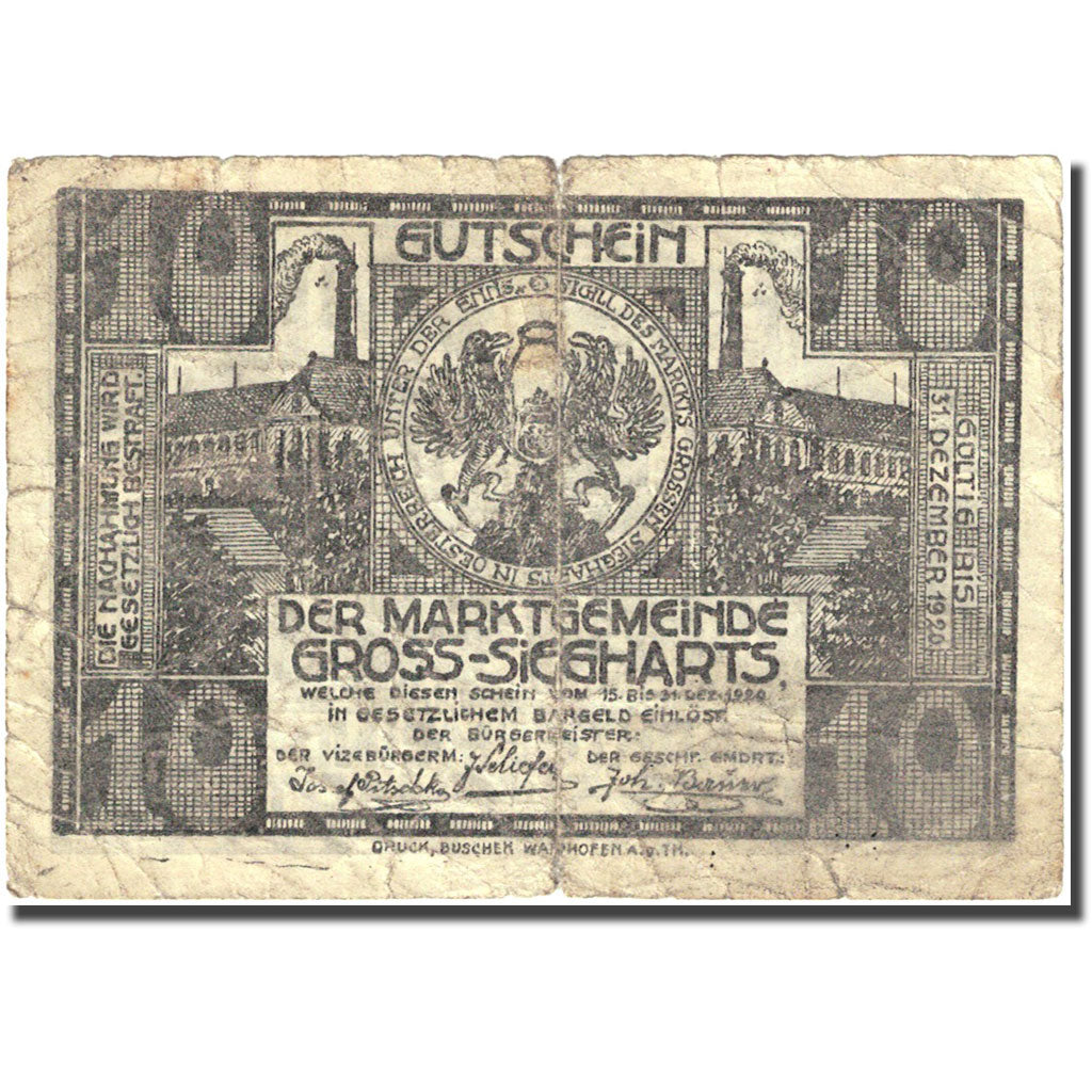 Banknote, Austria, Gross-Siegharts, 10 Heller, industrie textile, 1920