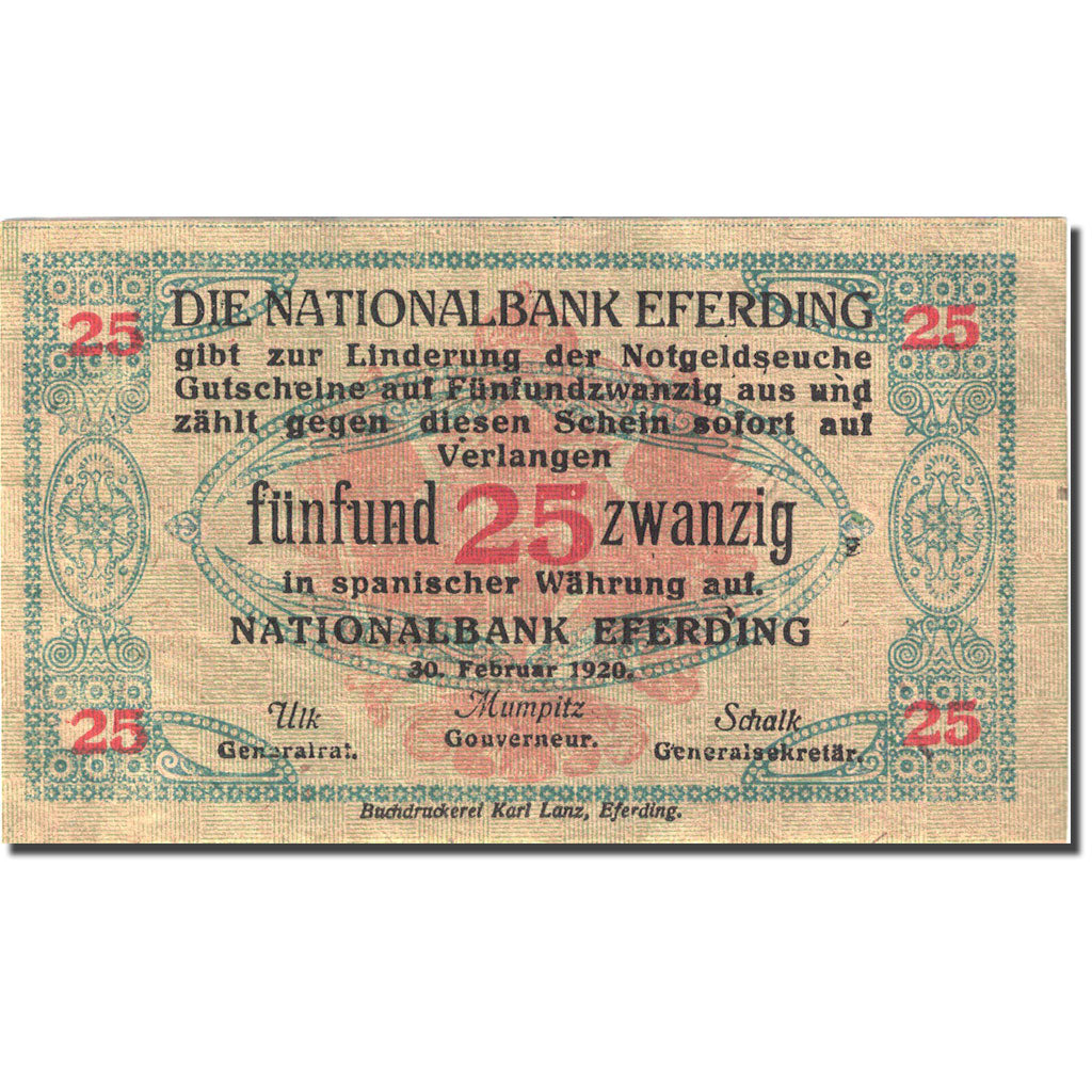 Banknote, Austria, Eferding, 25 Heller, valeur faciale, 1920, 1920-02-29