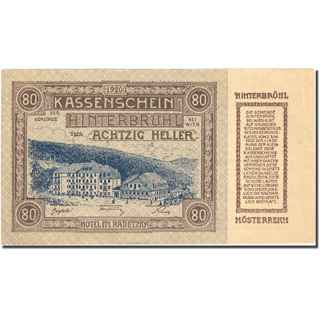 Banknote, Austria, Hinterbrühl, 80 Heller, hôtel, 1920, 1920-06-02, AU(55-58)
