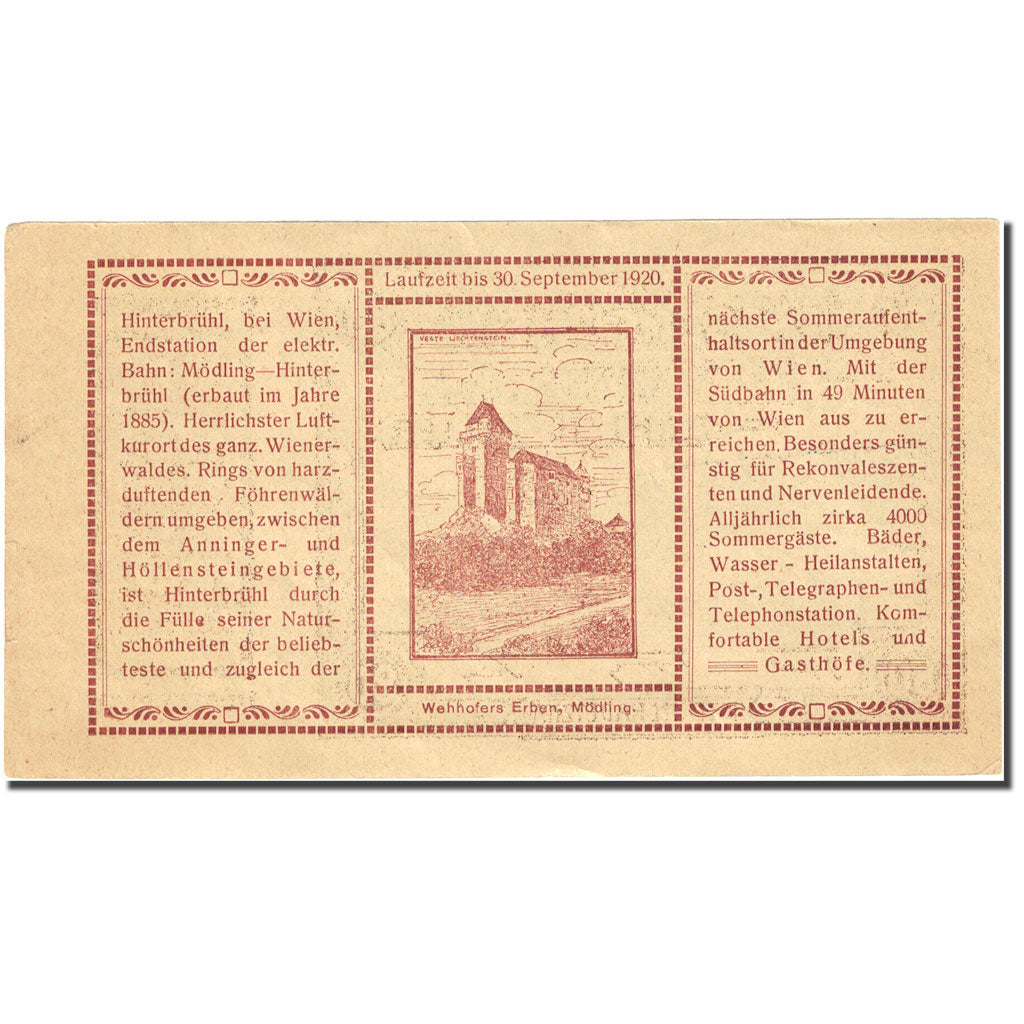 Banknote, Austria, Hinterbrühl, 80 Heller, hôtel, 1920, 1920-06-02, AU(55-58)