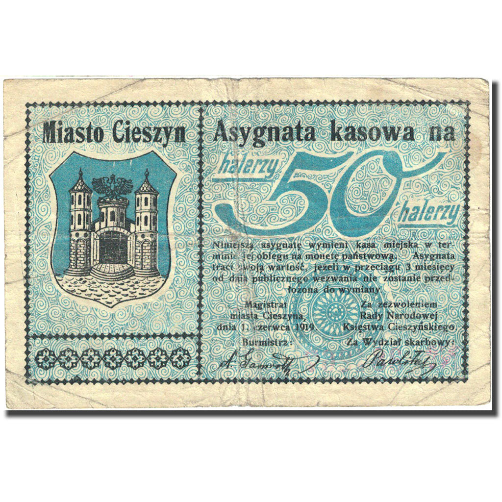Banknote, Poland, Cieszyn, 50 Heller, Blason, 1919, 1919-06-01, VF(20-25)