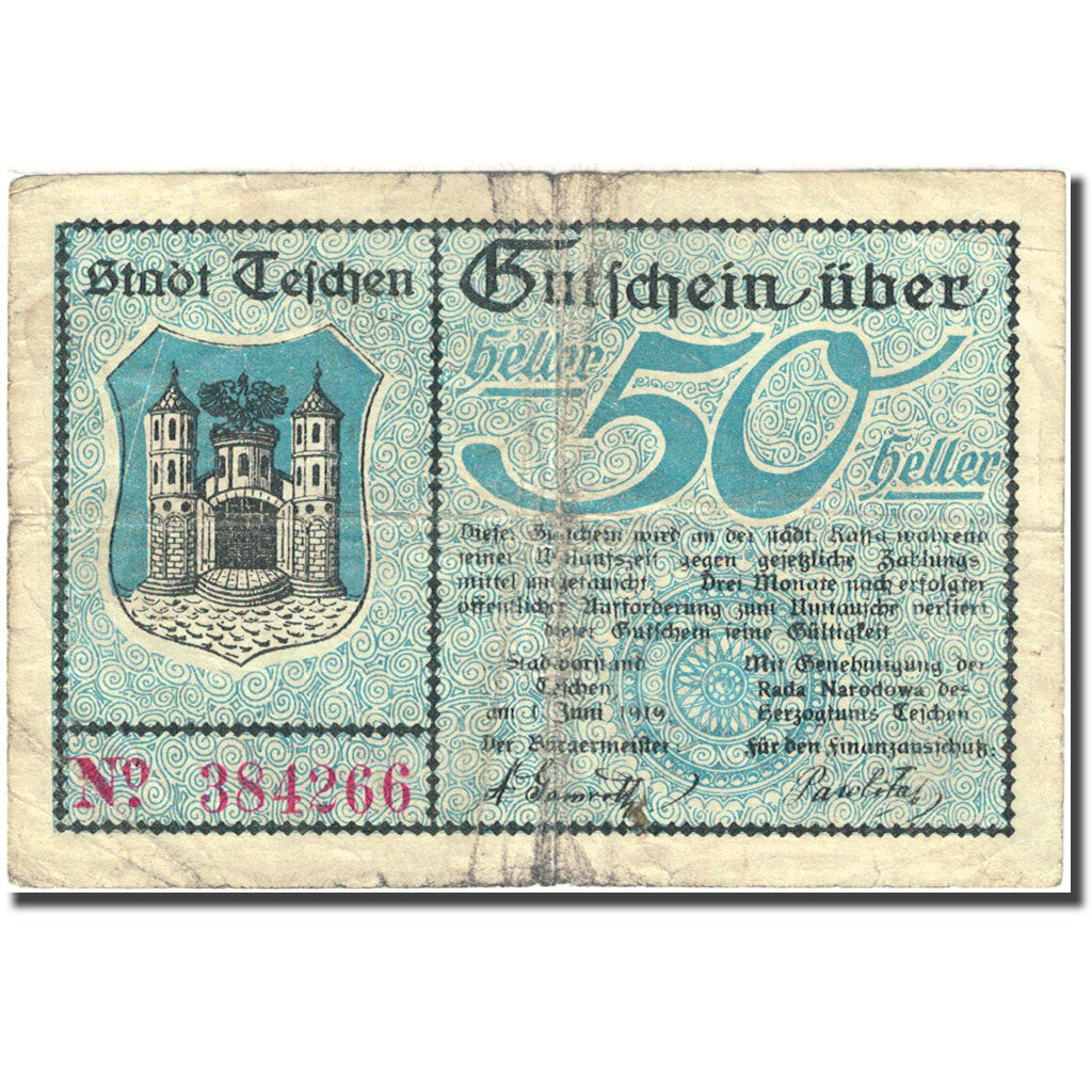 Banknote, Poland, Cieszyn, 50 Heller, Blason, 1919, 1919-06-01, VF(20-25)