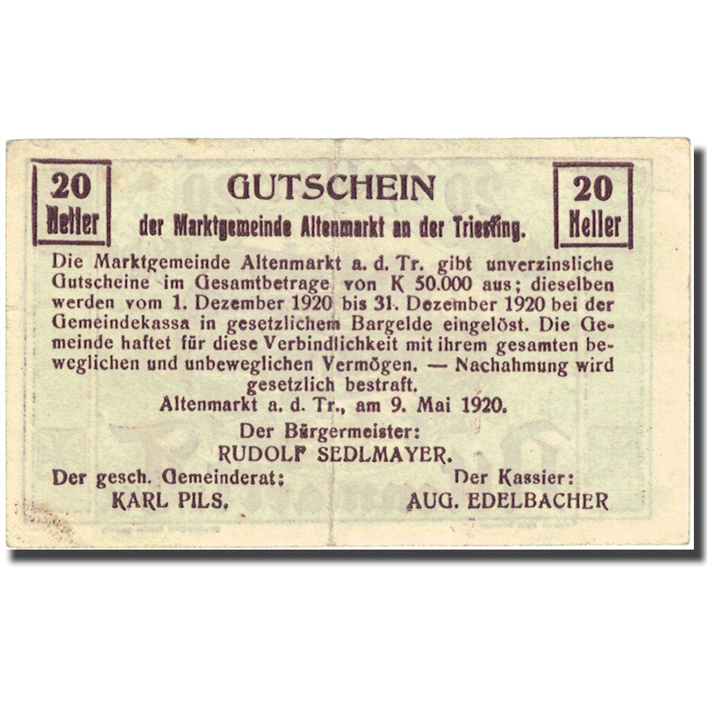 Banknote, Austria, Altenmarkt  an der Triesting, 20 Heller, gare, 1920