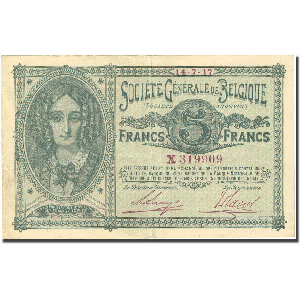 Banknote, Belgium, 5 Francs, 1917, 1917-07-14, KM:88, AU(55-58)
