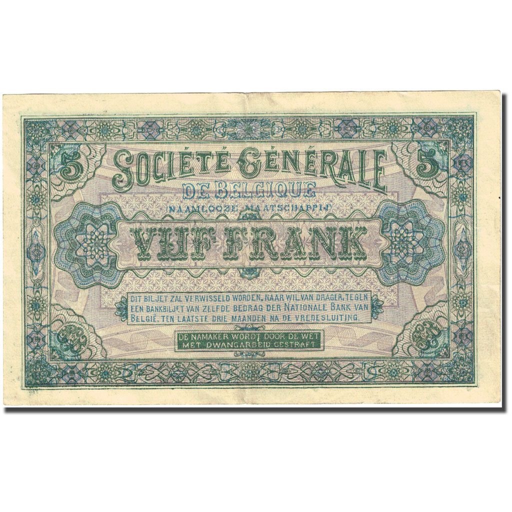 Banknote, Belgium, 5 Francs, 1917, 1917-07-14, KM:88, AU(55-58)