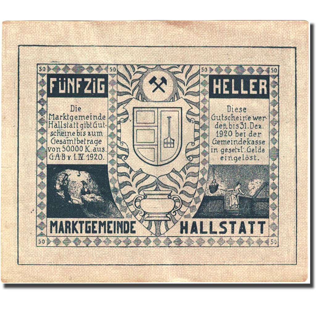 Banknote, Austria, Hallstatt, 50 Heller, montagne, 1920, 1920-12-31, VF(30-35)