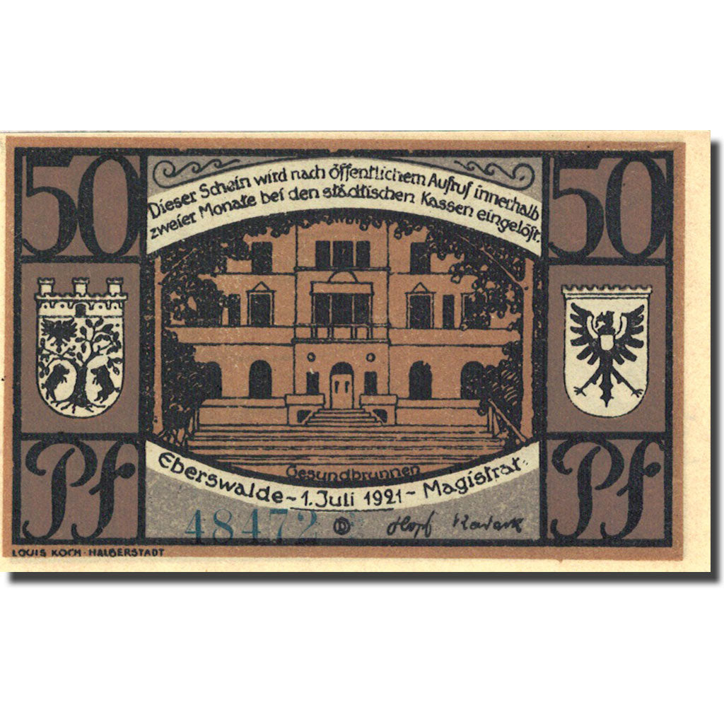 Banknote, Germany, Eberswalde 50 Pfennig Monument 1921-07-01 UNC(63) Mehl 303.1a