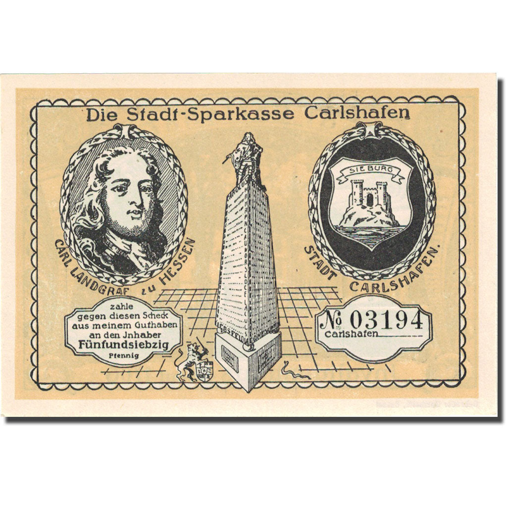 Banknote, Germany, Carlshafen, 75 Pfennig, château, 1922, UNC(63), Mehl:222.1a