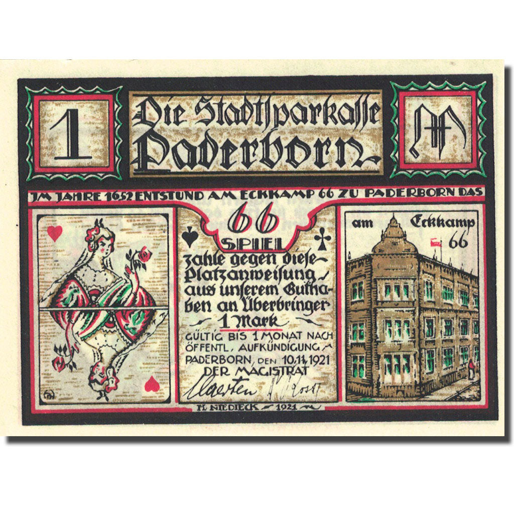 Banconote, Germania, Paderborn, 1 Mark, personnage 1921-11-10 SPL Mehl 1043.2