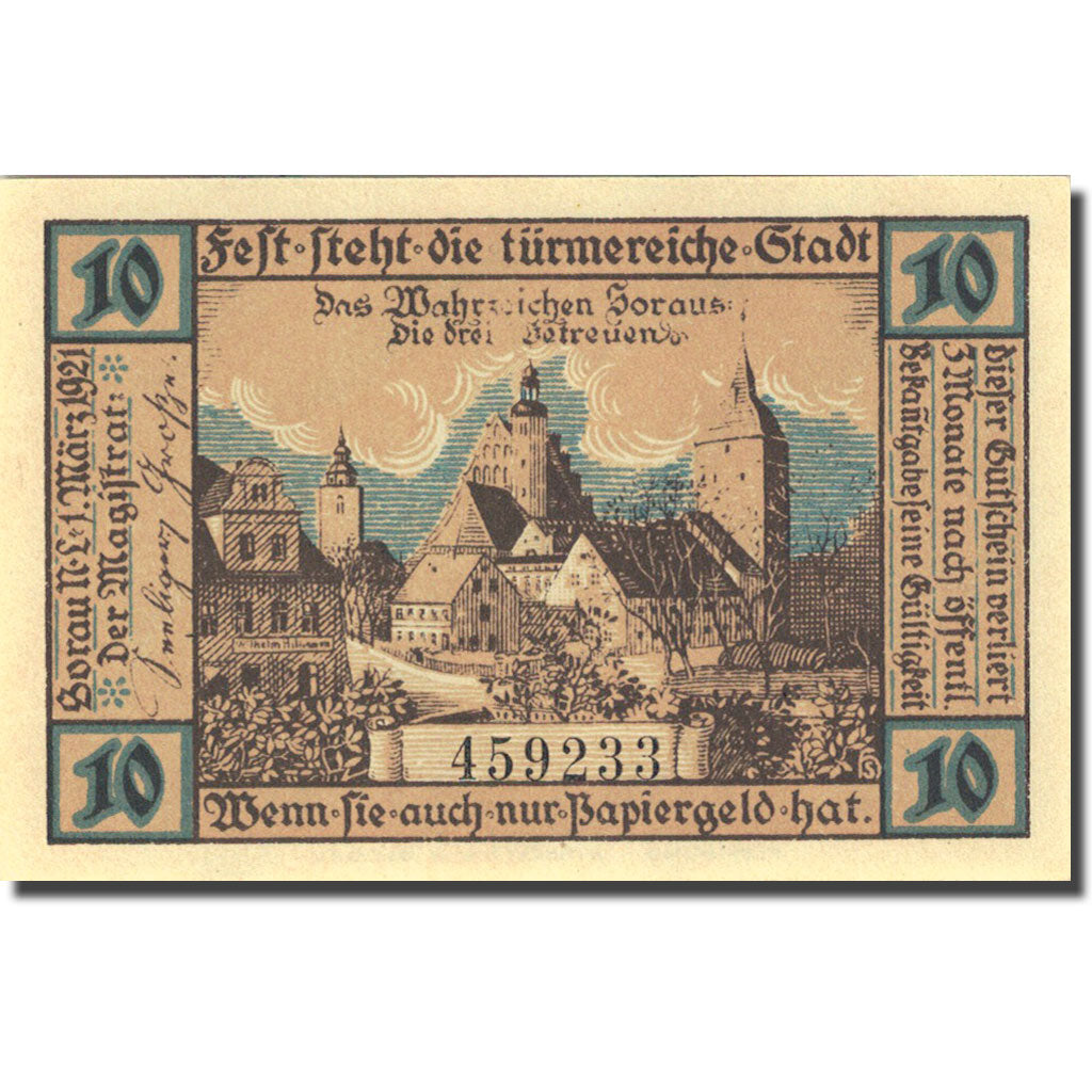 Banknote, Germany, Sorau, 10 Pfennig, château 1921-03-01 UNC(63) Mehl 1247.1a
