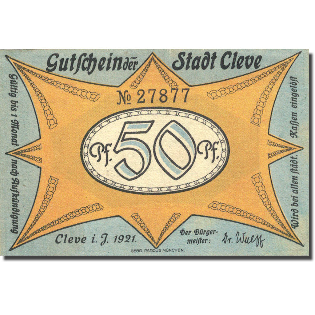 Banknote, Germany, Cleve, 50 Pfennig, Forêt, 1921, EF(40-45), Mehl:231.1
