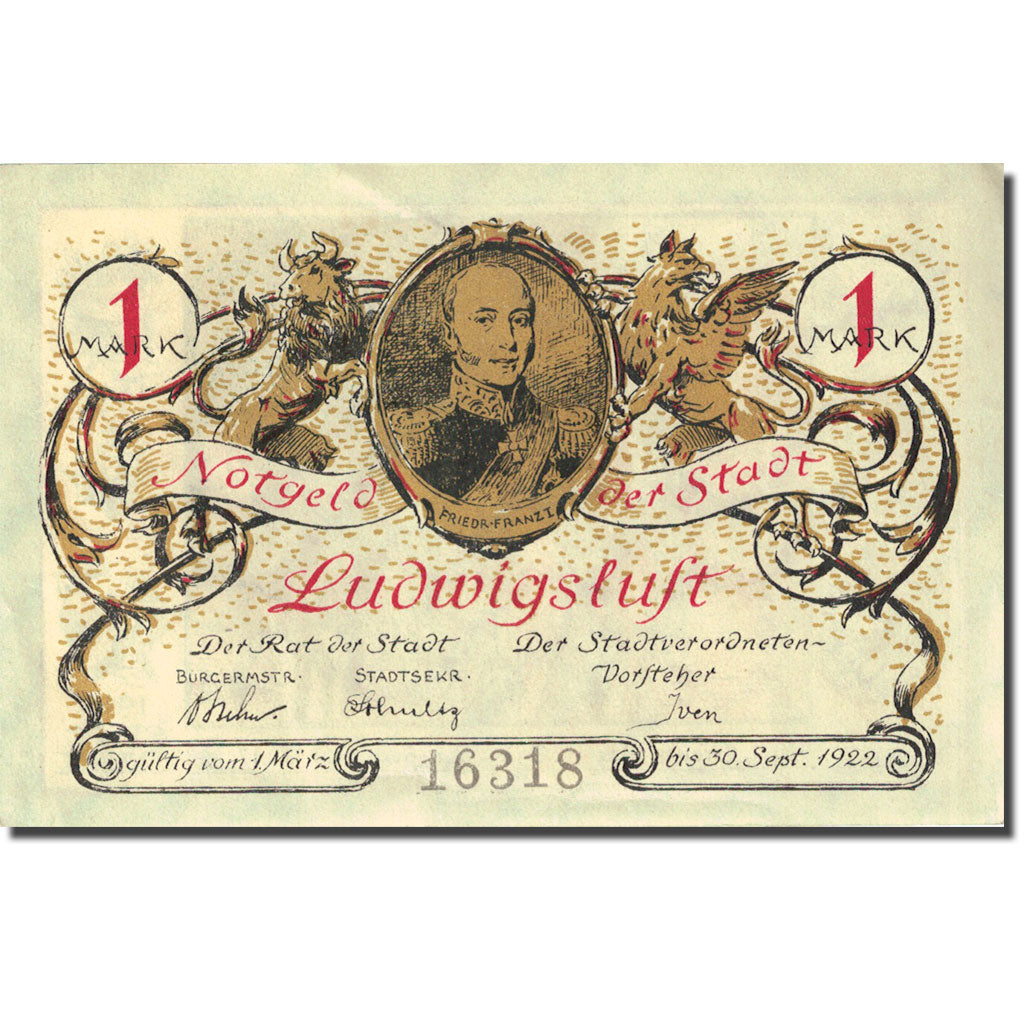 Biljet, Duitsland, Ludwigslust, 1 Mark, personnage 1922-09-30 SUP Mehl 818.2