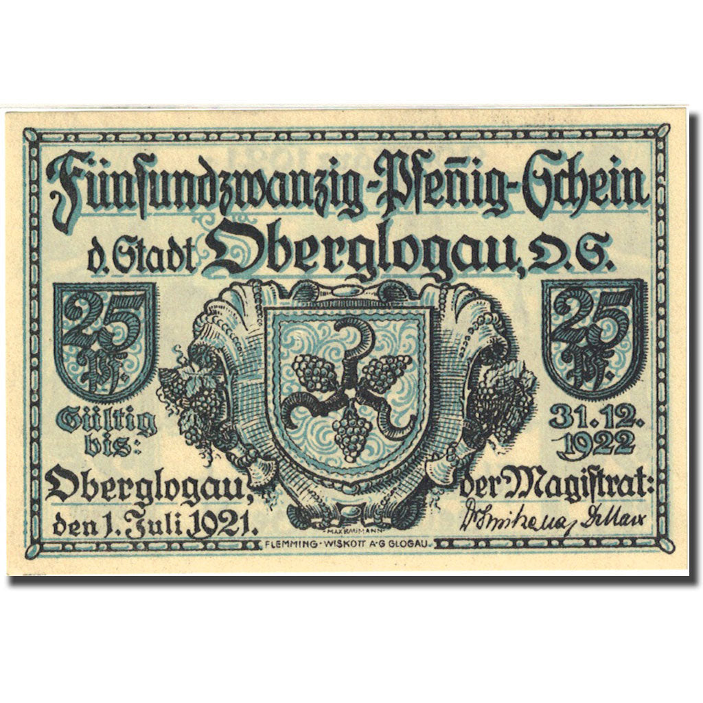 Banknote, Germany, Oberglogau, 25 Pfennig, monastère 1921 UNC(63) Mehl 994.1b