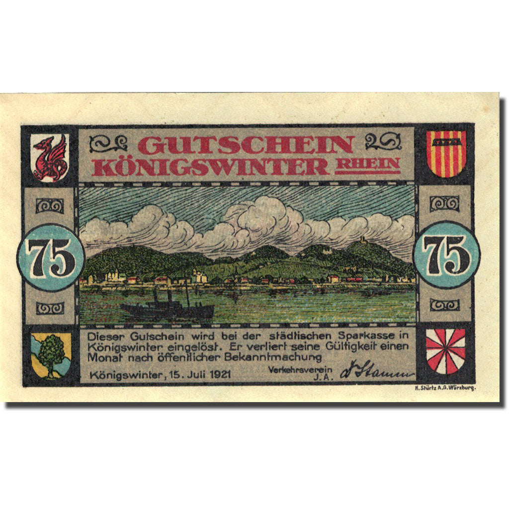 Banknote, Germany, Königswinter, 75 Pfennig, paysage 1921 UNC(63) Mehl 731.1