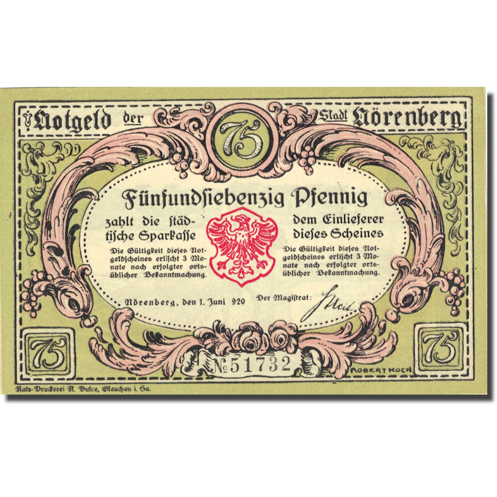 Banknote, Germany Norenberg 75 Pfennig, ecrevisse 1920-06-01 UNC(63) Mehl 979.5a